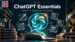 ChatGPT Essentials course cover with the KSRA logo, a laptop and icons for writing, conversation, documents, verification and planning.